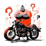 Übergewichtiger Mann vor einem Motorrad stehend. Er fragt sich, ob er mit seiner Status den Führerschein machen kann.