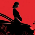Illustration: Schwangere junge Frau hält schützend ihren Bauch vor einem schwarzen Auto, roter Hintergrund