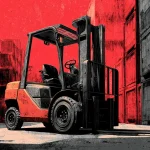 Eine Illustration eines schwarzen Gabelstaplers vor einem roten industriellen HIntergrund