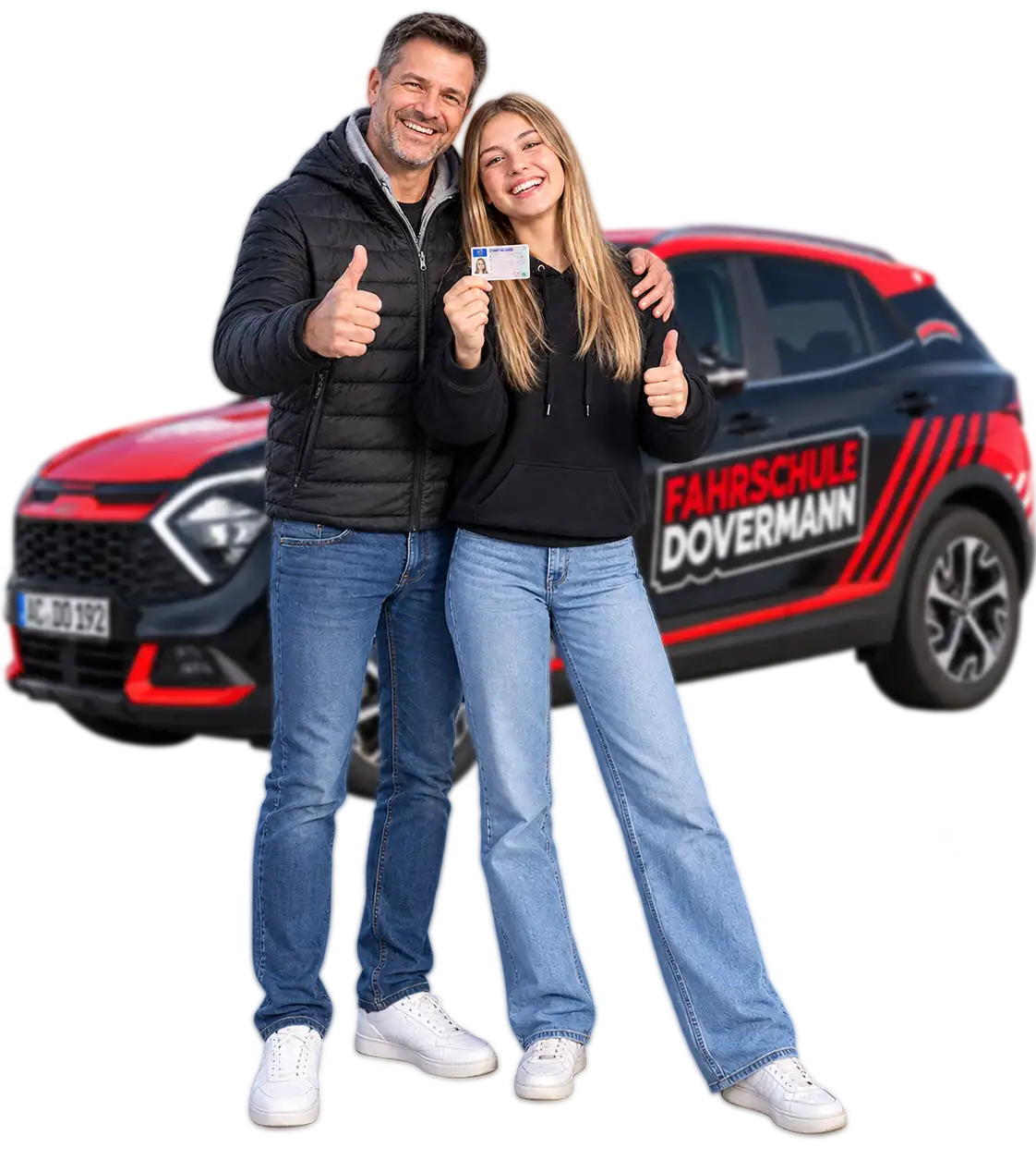 Vater und Tochter mit frischem Führerschein vor einem Auto der Fahrschule Dovermann